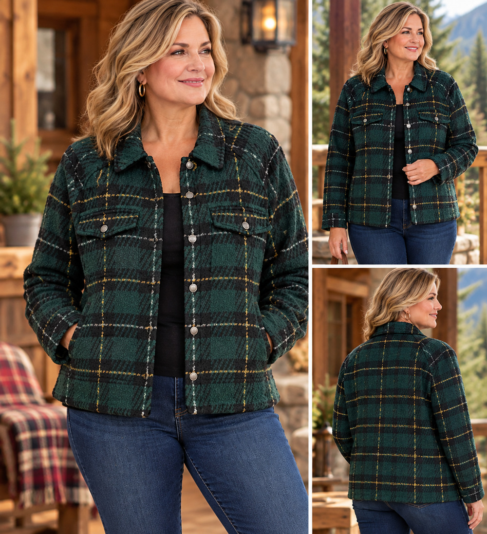 Christopher & Banks Women’s XL Green Plaid Wool Blend Snap Front Jacket Heavy